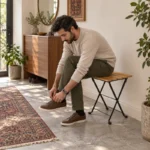 استفاده از چهارپایه چوب راش بژ هنگام پوشیدن کفش؛ تصویرسازی