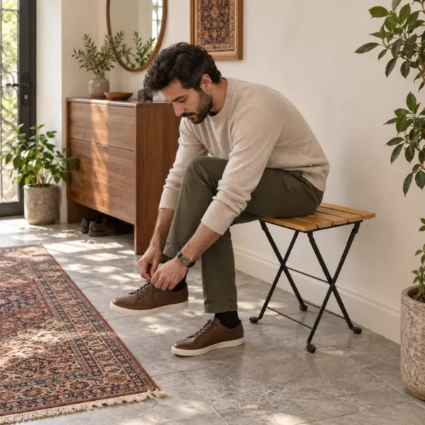 استفاده از چهارپایه چوب راش بژ هنگام پوشیدن کفش؛ تصویرسازی