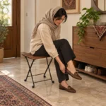 استفاده از چهارپایه چوب راش قهوه‌ای هنگام پوشیدن کفش؛ تصویرسازی