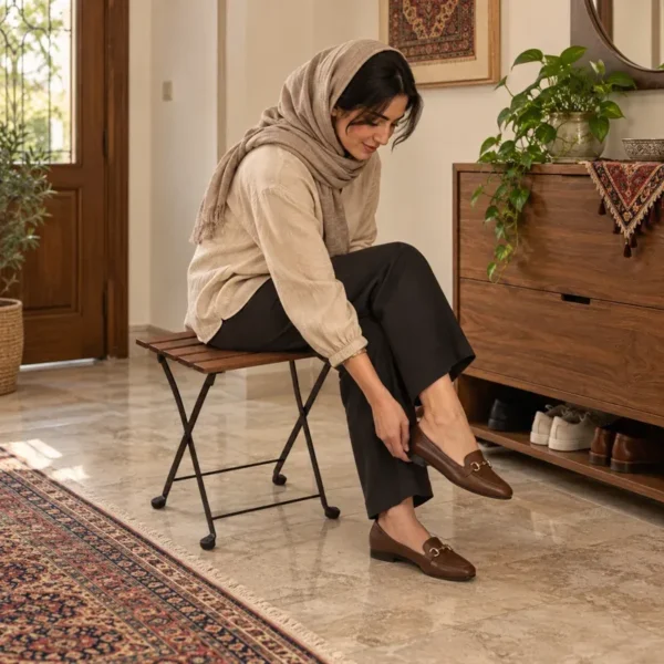 استفاده از چهارپایه چوب راش قهوه‌ای هنگام پوشیدن کفش؛ تصویرسازی