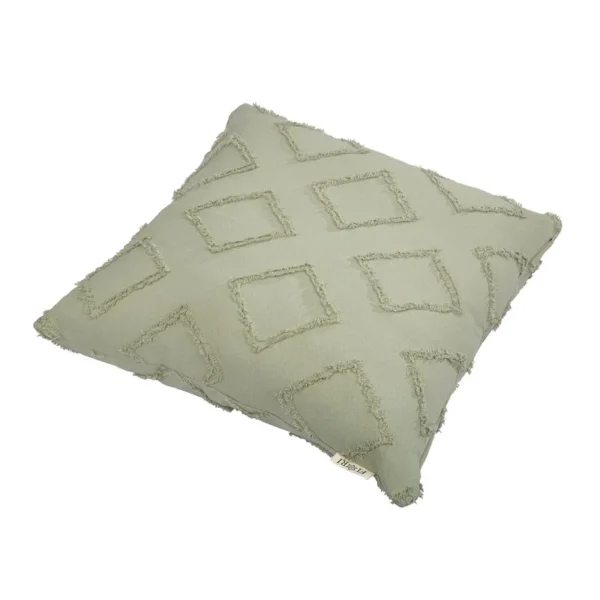 boho-diamond-cushion-sage کوسن بوهو لوزی ۴۵×۴۵ رنگ سبز سدری، عکس واقعی محصول فیوری هوم
