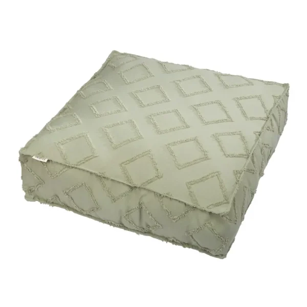 boho-diamond-pouf-sage پاف بوهو لوزی ۶۰×۶۰ رنگ سبز سدری، عکس واقعی محصول فیوری هوم