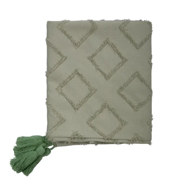 boho-diamond-throw-sage شال مبل بوهو لوزی ۱۳۵×۱۸۰ رنگ سبز سدری، عکس واقعی محصول فیوری هوم