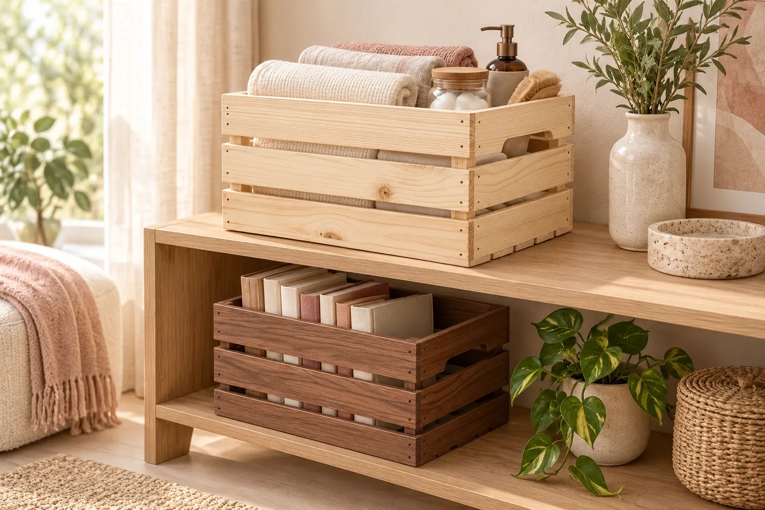 باکس نظم‌دهنده چوبی بژ و قهوه‌ای فیوری هوم در چیدمان روشن خانه