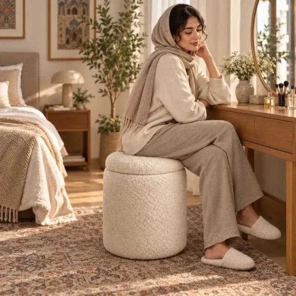 پاف تدی درب‌دار شیری کنار میز آرایش با مدل ایرانی
